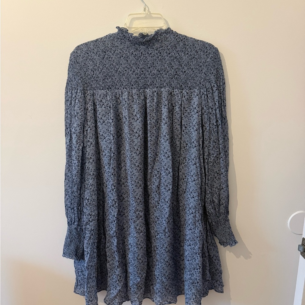 & Other Stories Blue Floral Smocked Neck Long Sleeve Dress Size 4